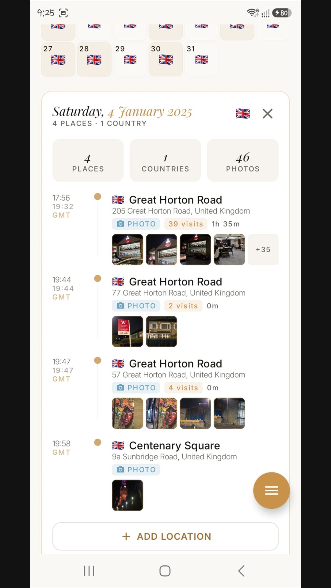 SpotPast day detail timeline with places and photos